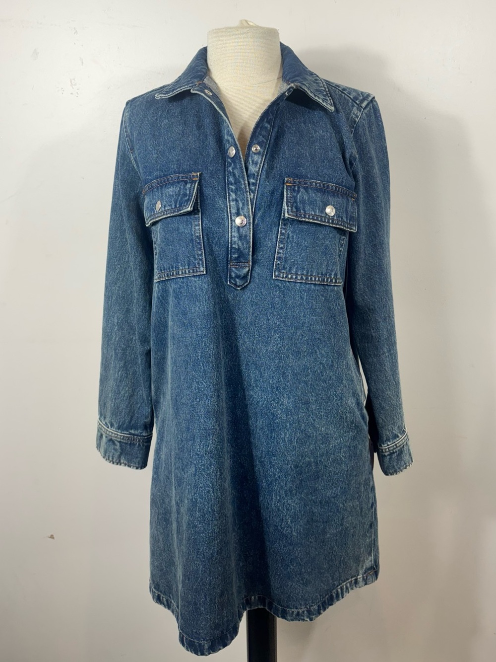 A.P.C. French Denim Tunic Mini Dress | Acid Wash Blue Snap Button